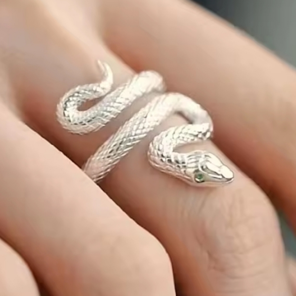 Silver Serpent Ring with Green Accent Adjustable - Picture 3 of 3